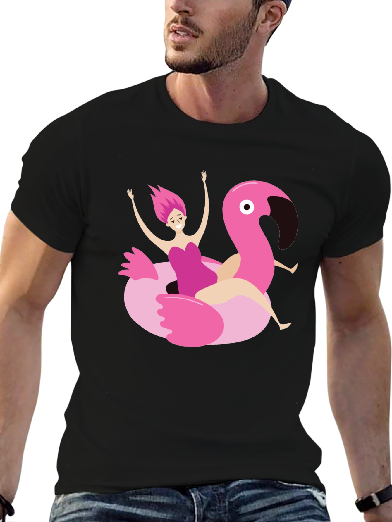 Black T-Shirt with Flamingo Float Graphic