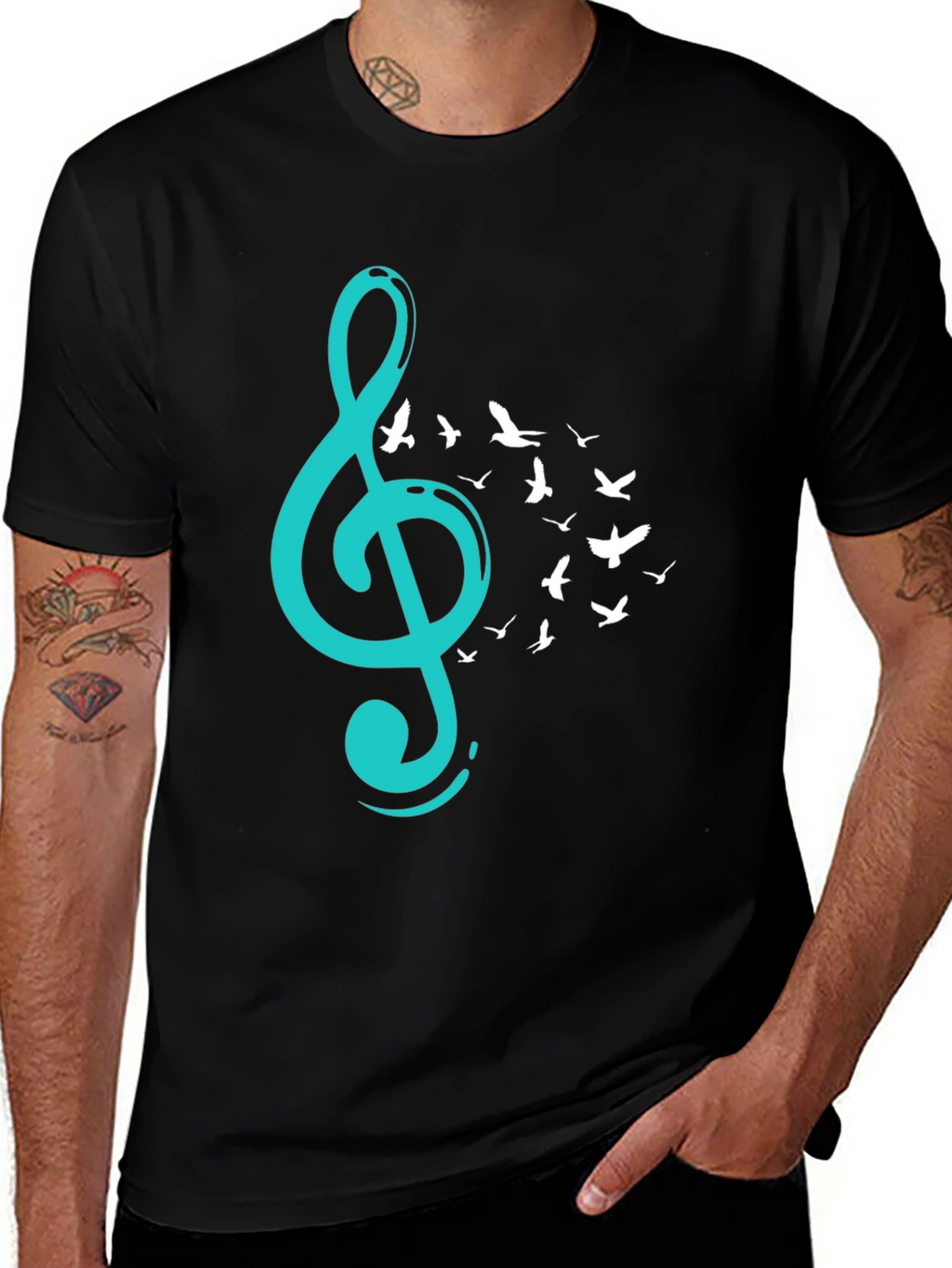 Musical Flight T-Shirt - Teal Treble Clef & Birds