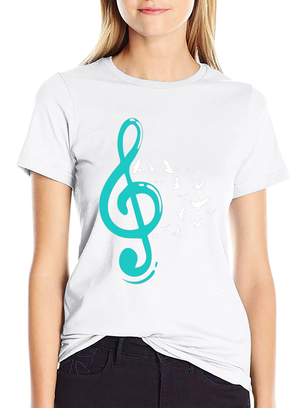 Musical Flight T-Shirt - Teal Treble Clef & Birds