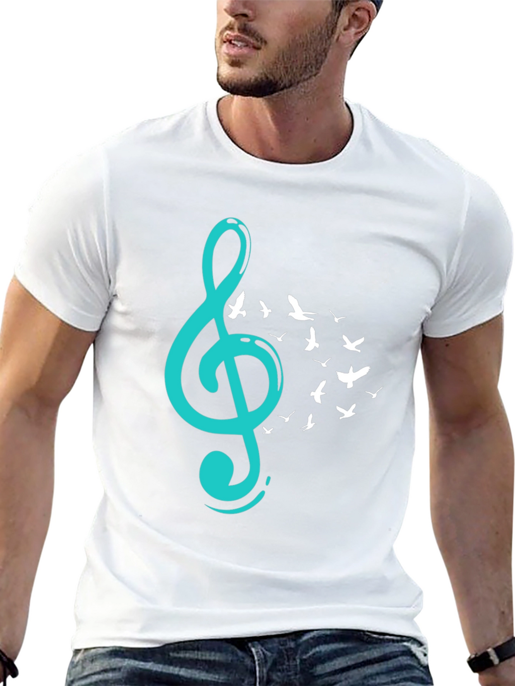 Musical Flight T-Shirt - Teal Treble Clef & Birds