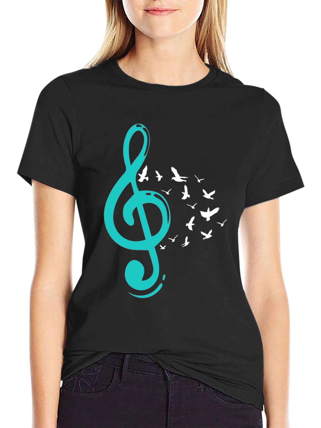 Musical Flight T-Shirt - Teal Treble Clef & Birds