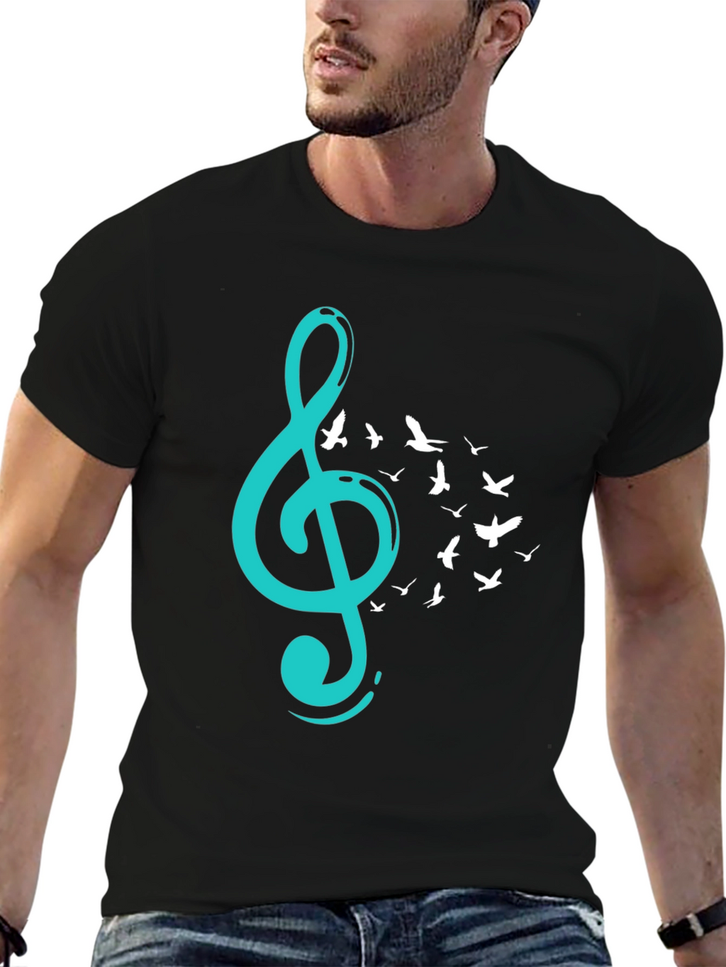 Musical Flight T-Shirt - Teal Treble Clef & Birds