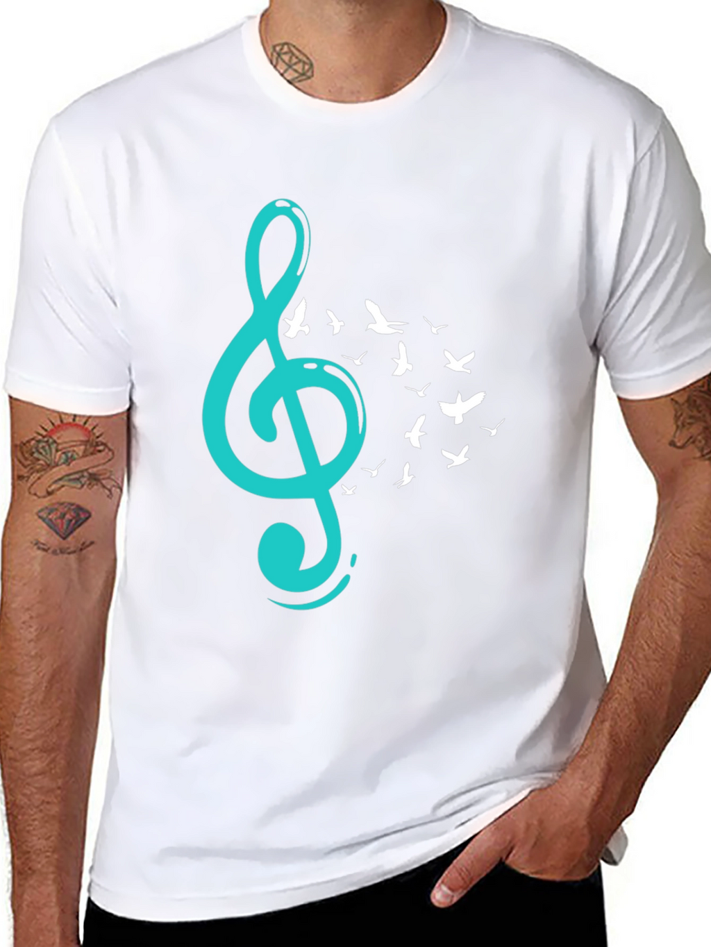 Musical Flight T-Shirt - Teal Treble Clef & Birds