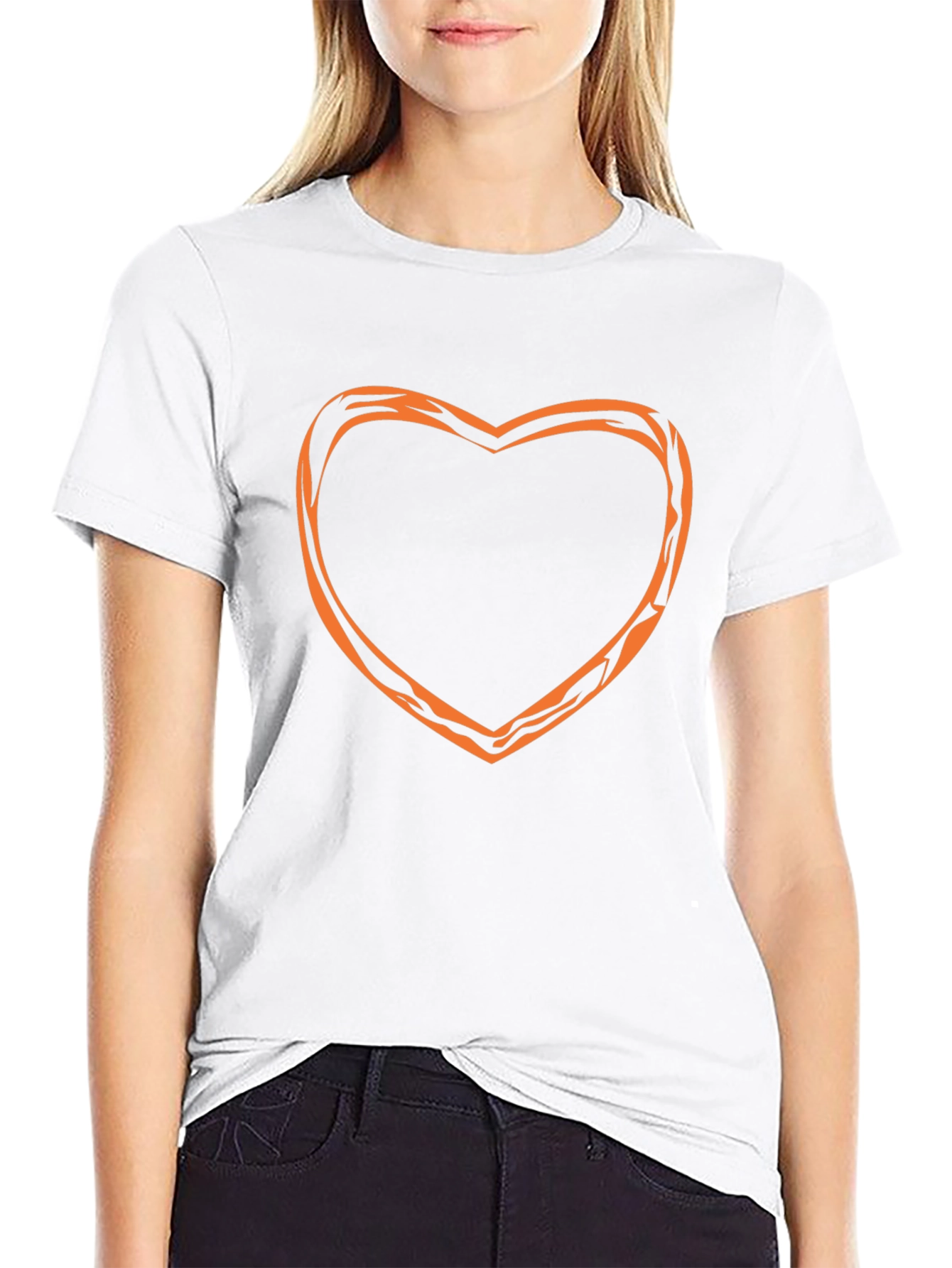 Stylish Black Tee with Orange Heart Outline