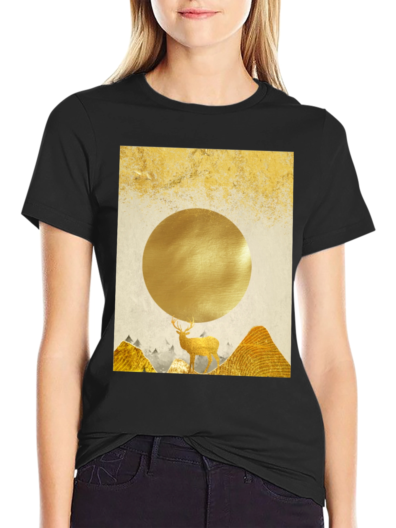 Golden Deer Graphic Tee - Nature Inspired Print