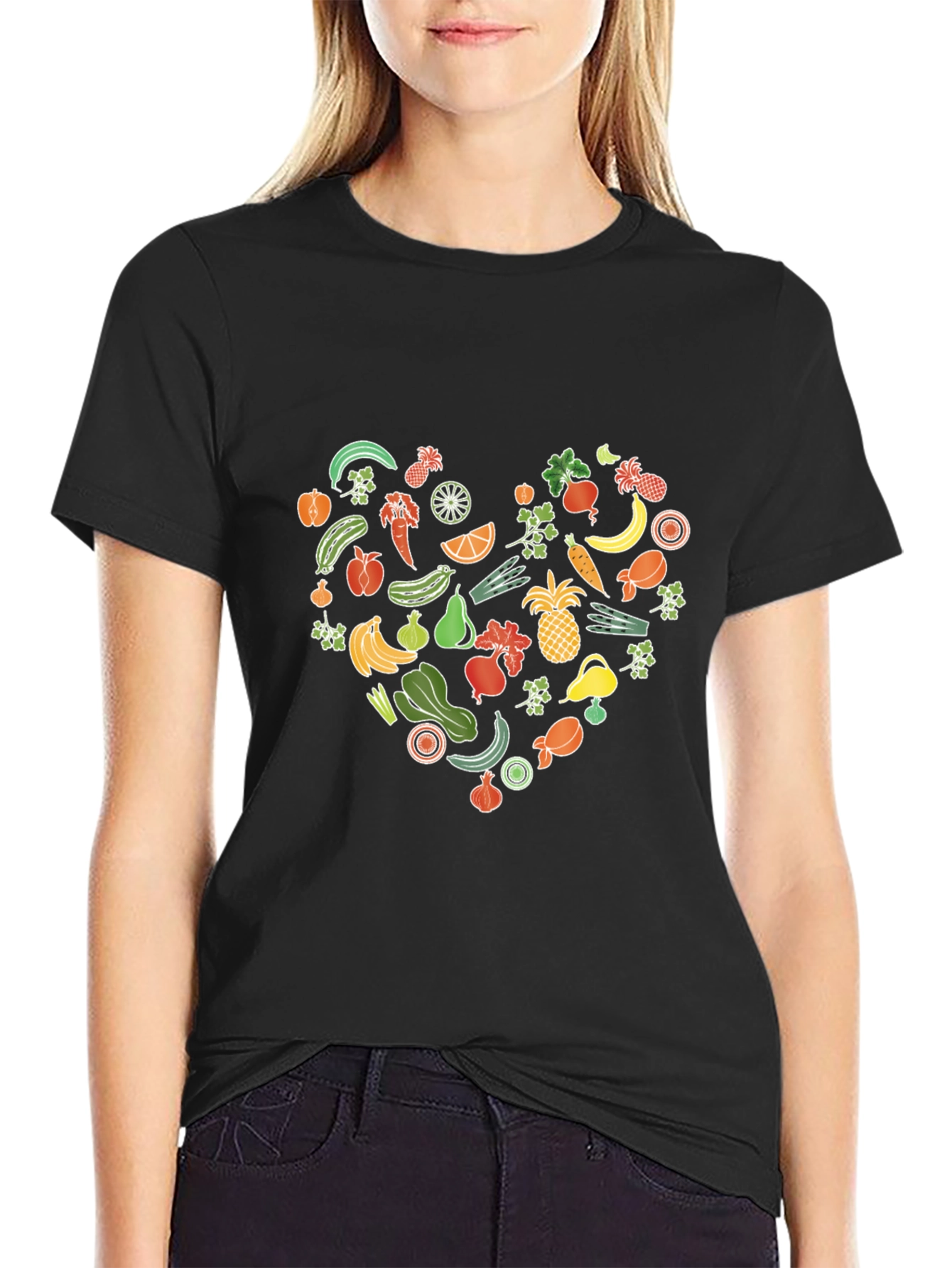 Vegan Food Heart Graphic Black T-Shirt