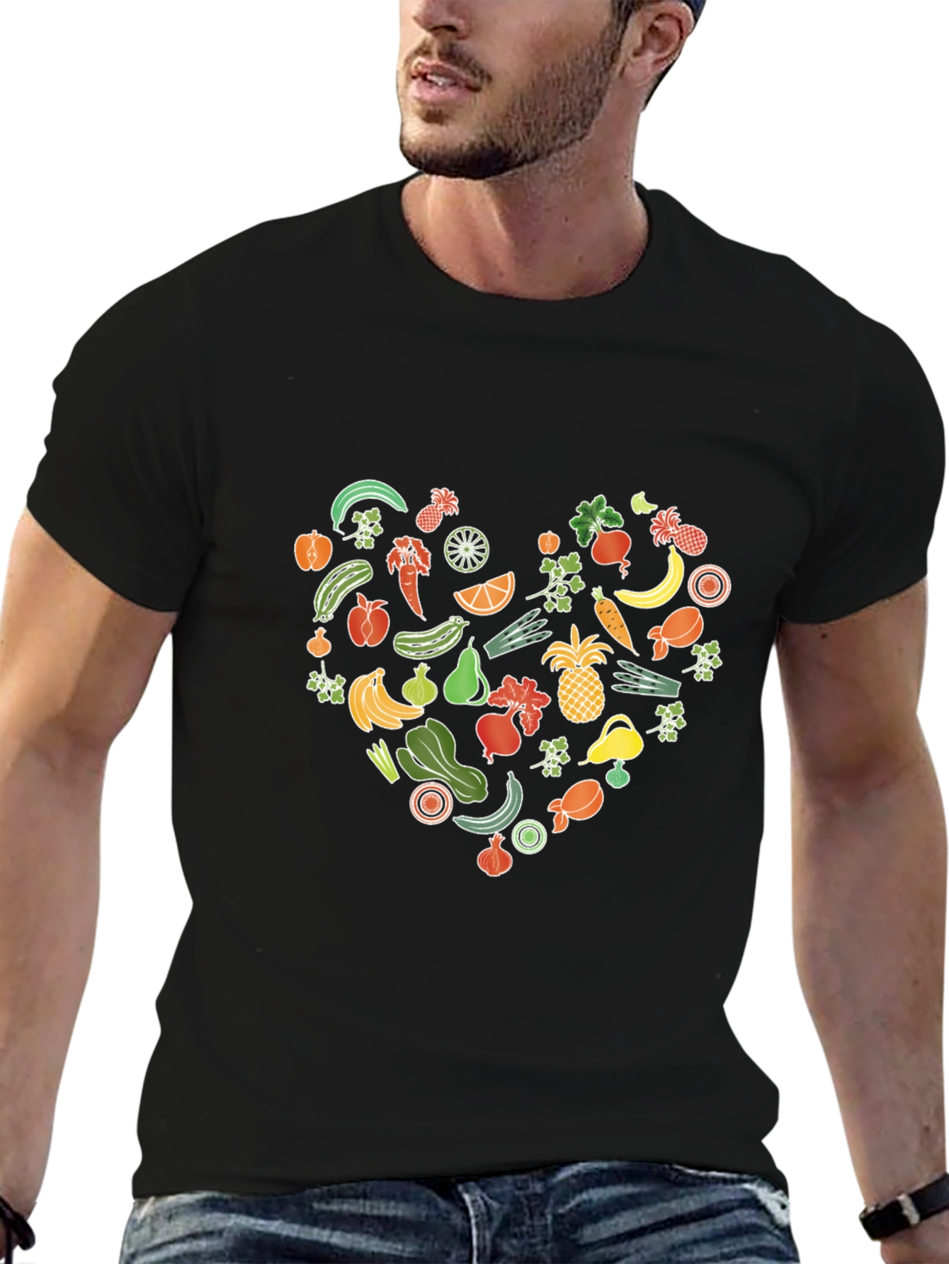 Vegan Food Heart Graphic Black T-Shirt