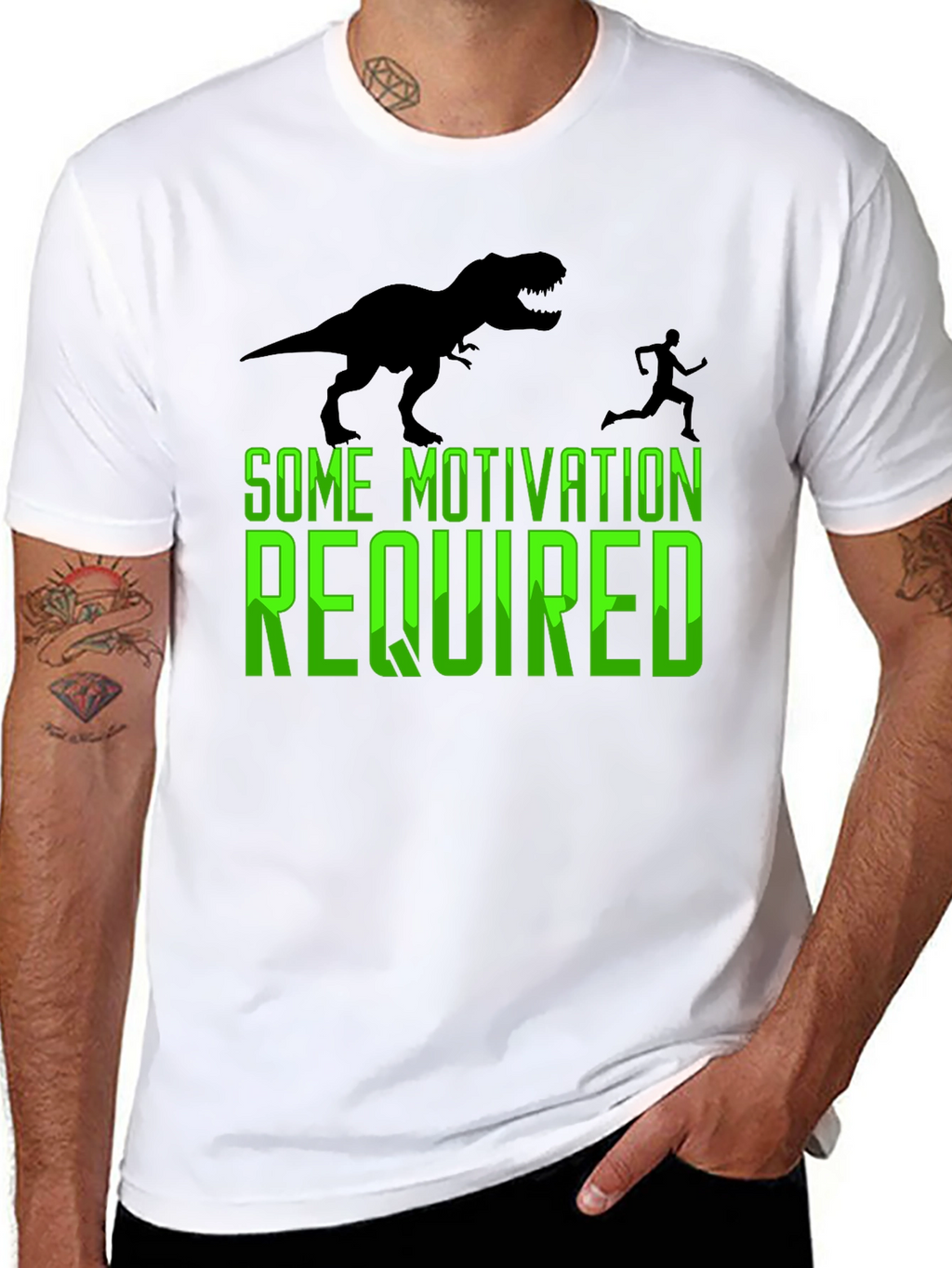 Motivation Required T-Rex Chasing Man Graphic Tee