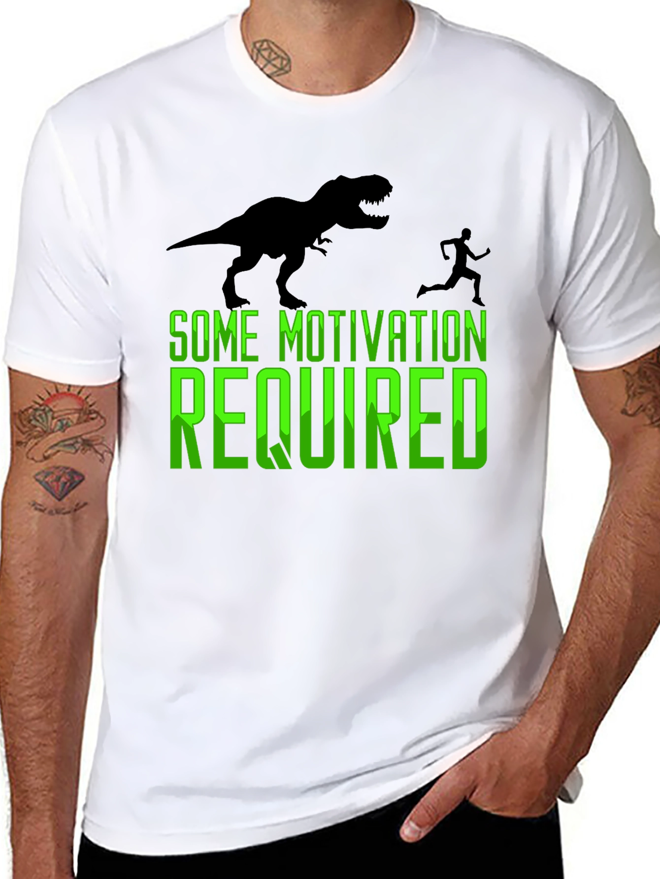 Motivation Required T-Rex Chasing Man Graphic Tee