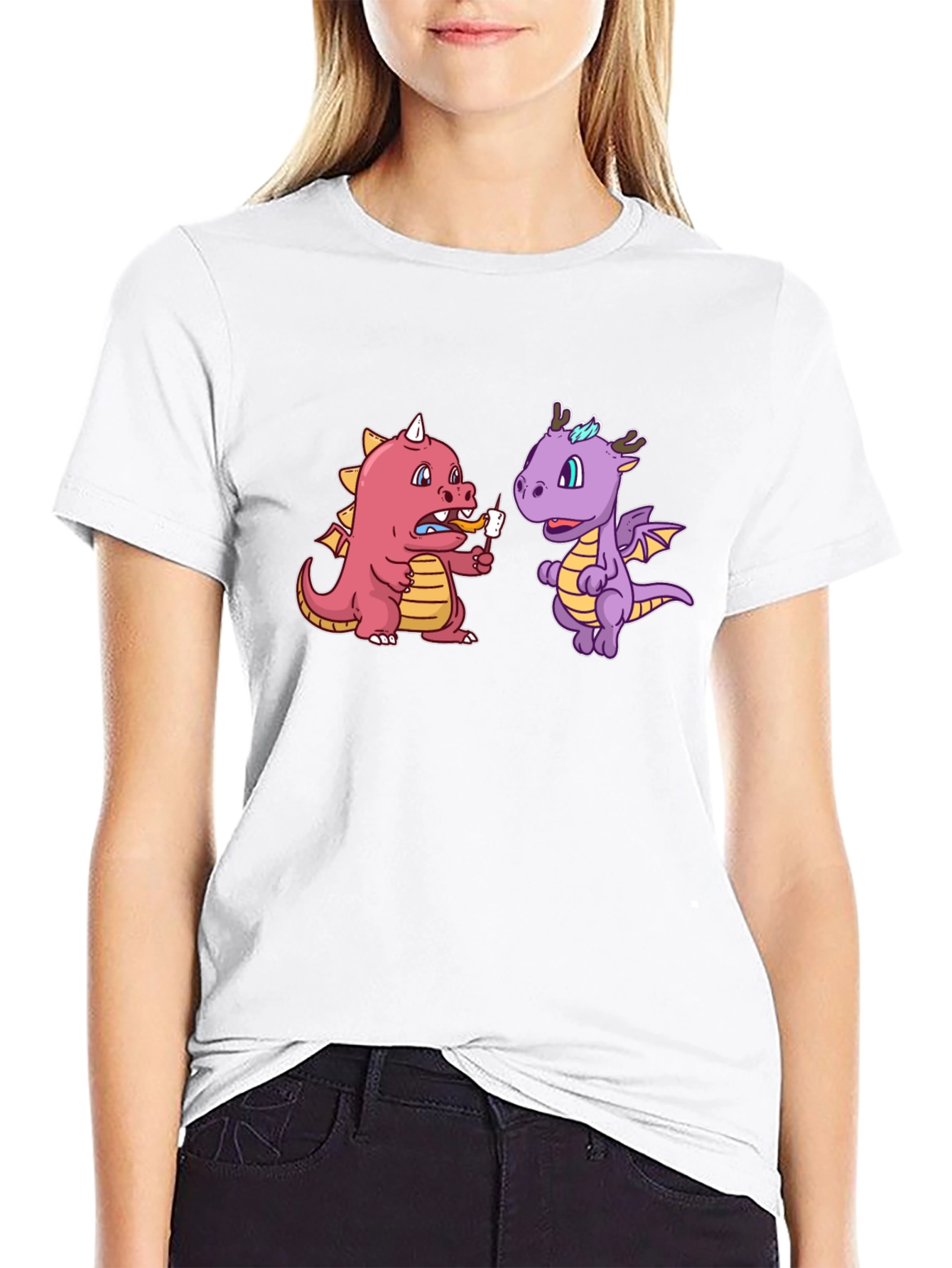 Cartoon Dragon T-Shirt Funny Dragon Eating Marshmallow Tee