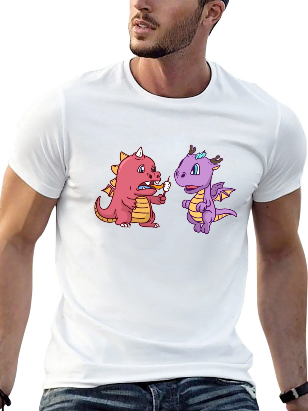 Cartoon Dragon T-Shirt Funny Dragon Eating Marshmallow Tee