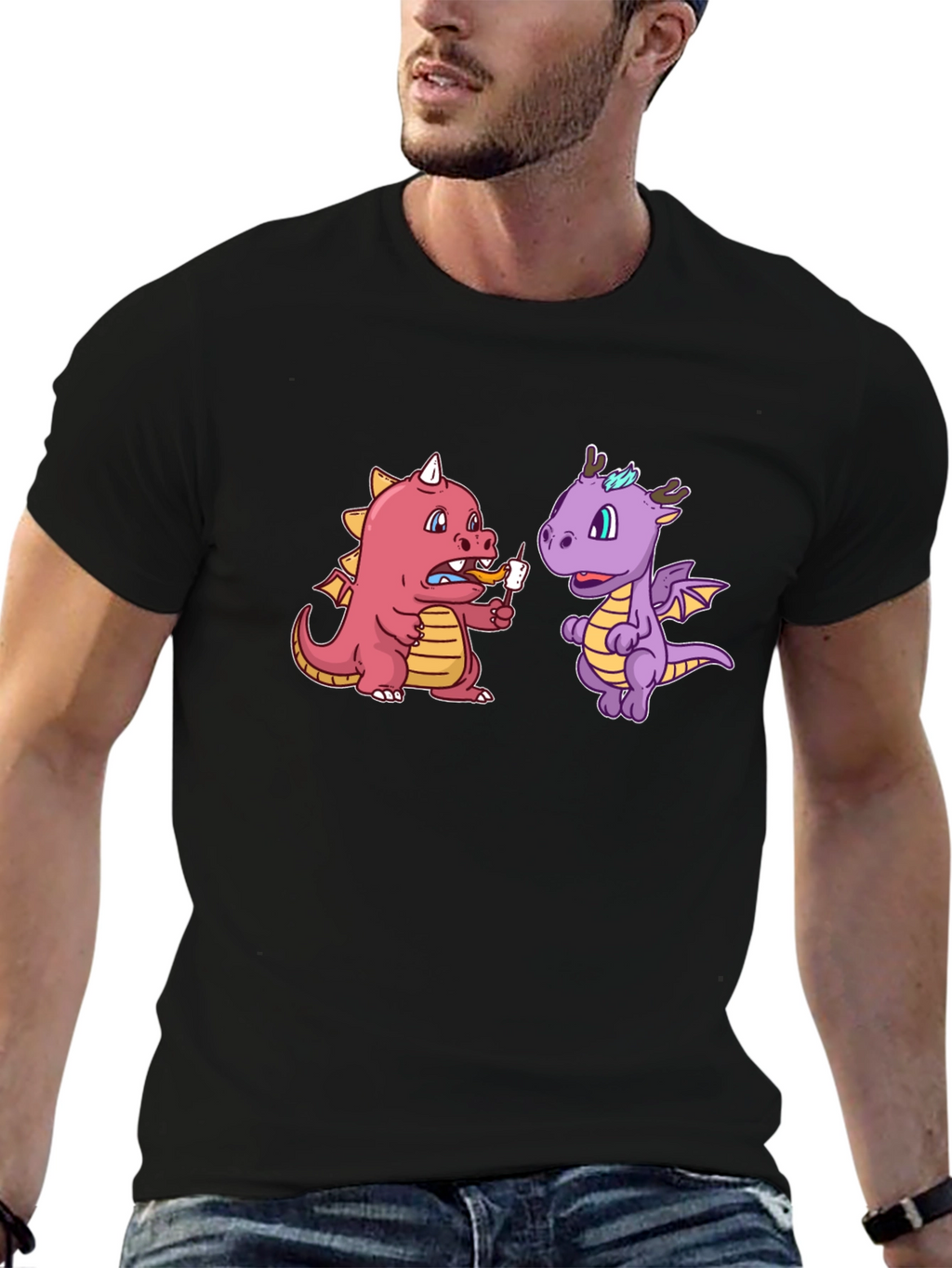 Cartoon Dragon T-Shirt Funny Dragon Eating Marshmallow Tee