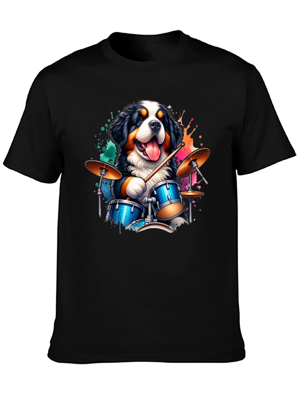 Drummer Dog Graphic Tee - Black Cotton T-Shirt