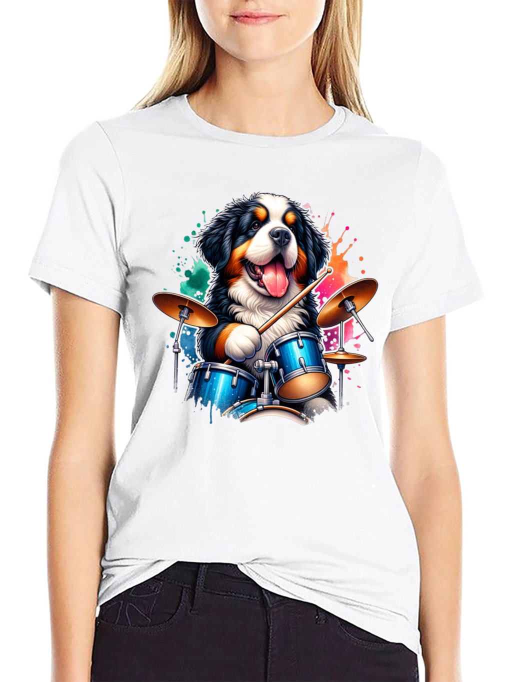 Drummer Dog Graphic Tee - Black Cotton T-Shirt