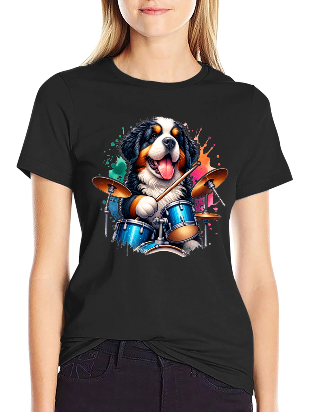 Drummer Dog Graphic Tee - Black Cotton T-Shirt