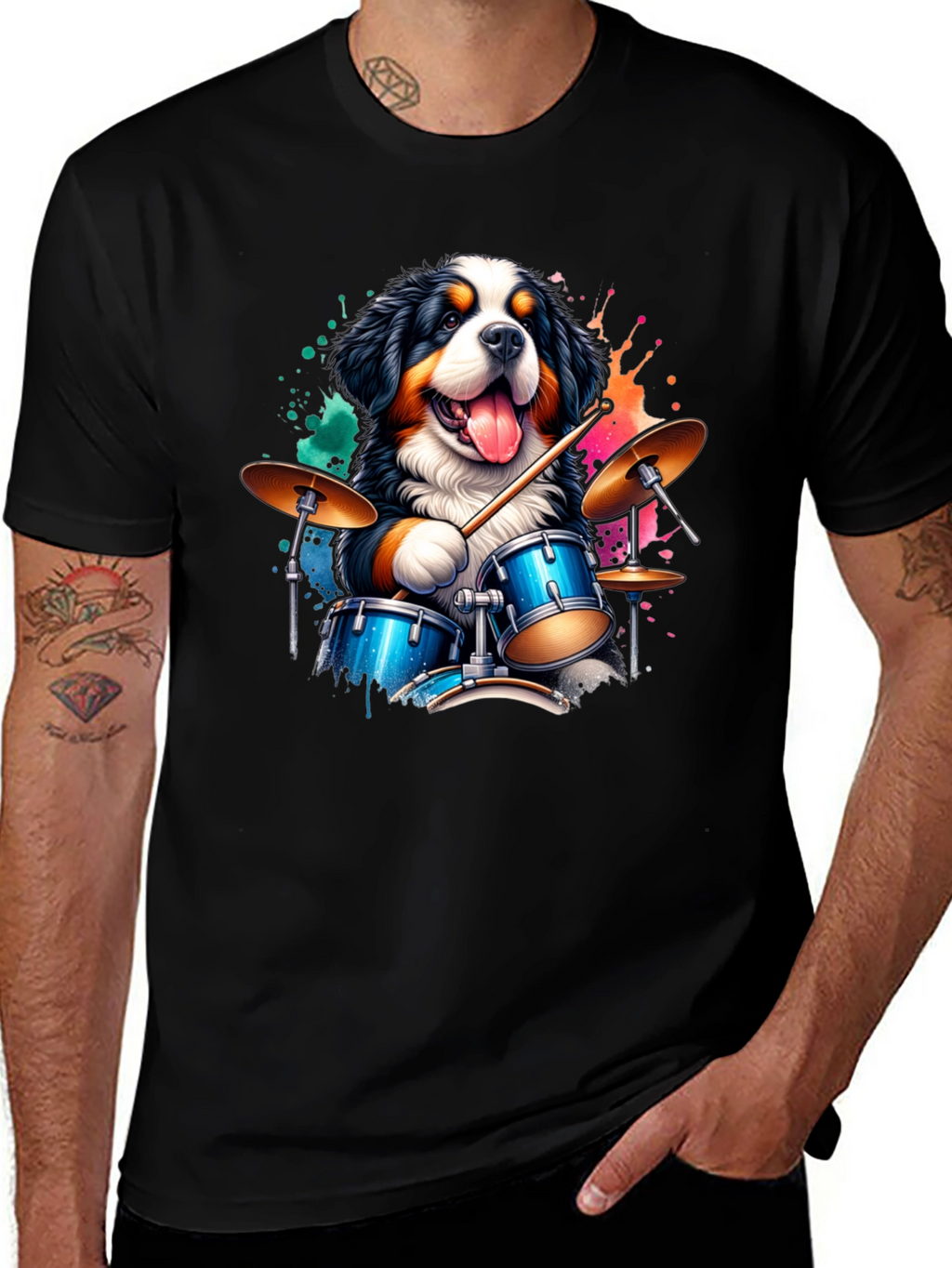 Drummer Dog Graphic Tee - Black Cotton T-Shirt