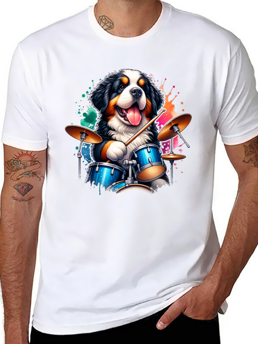 Drummer Dog Graphic Tee - Black Cotton T-Shirt