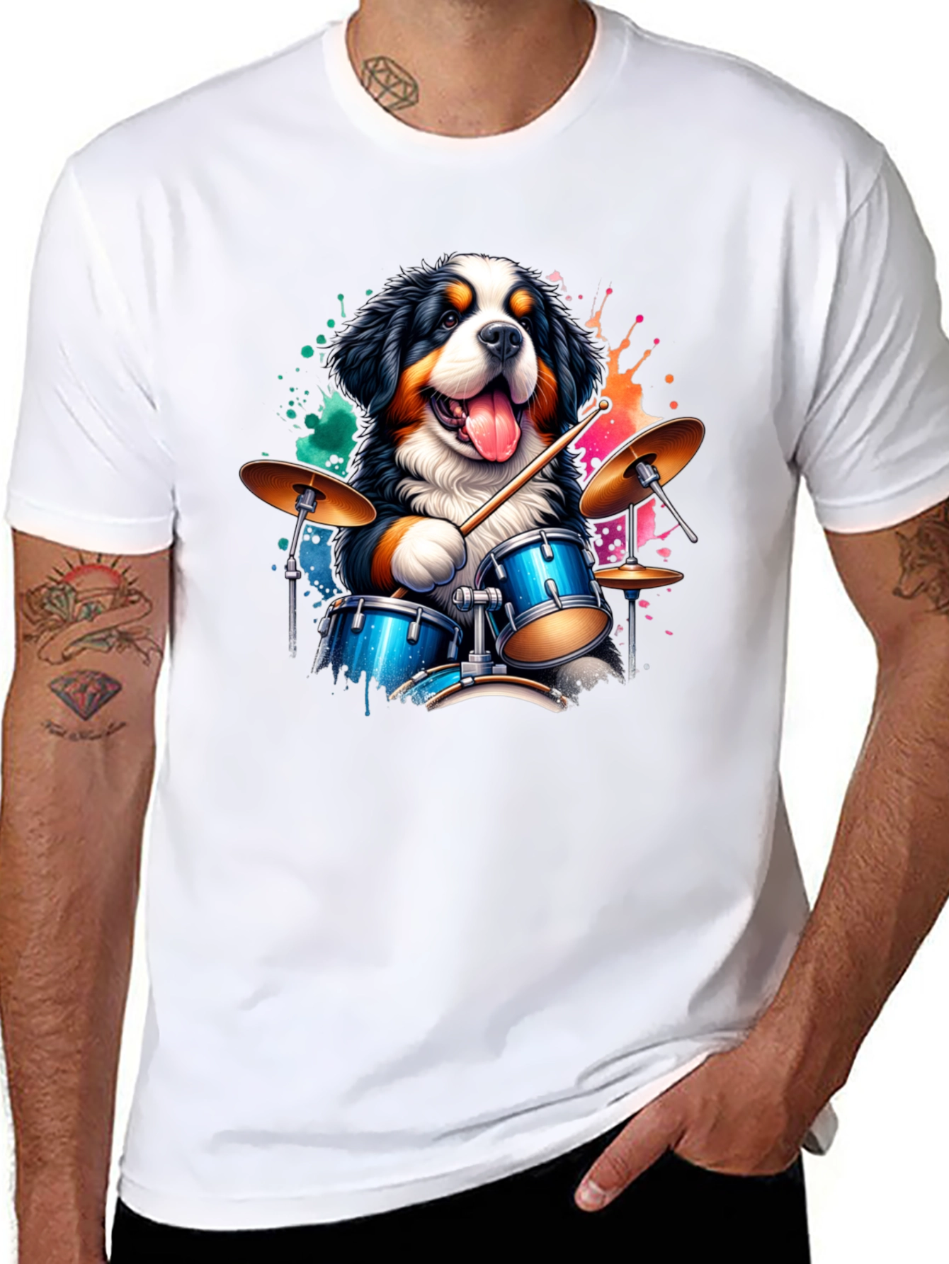 Drummer Dog Graphic Tee - Black Cotton T-Shirt