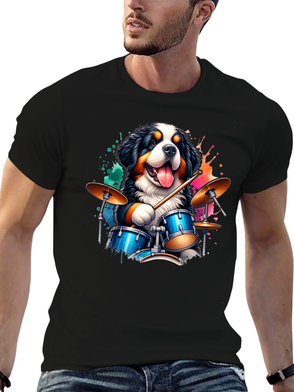 Drummer Dog Graphic Tee - Black Cotton T-Shirt