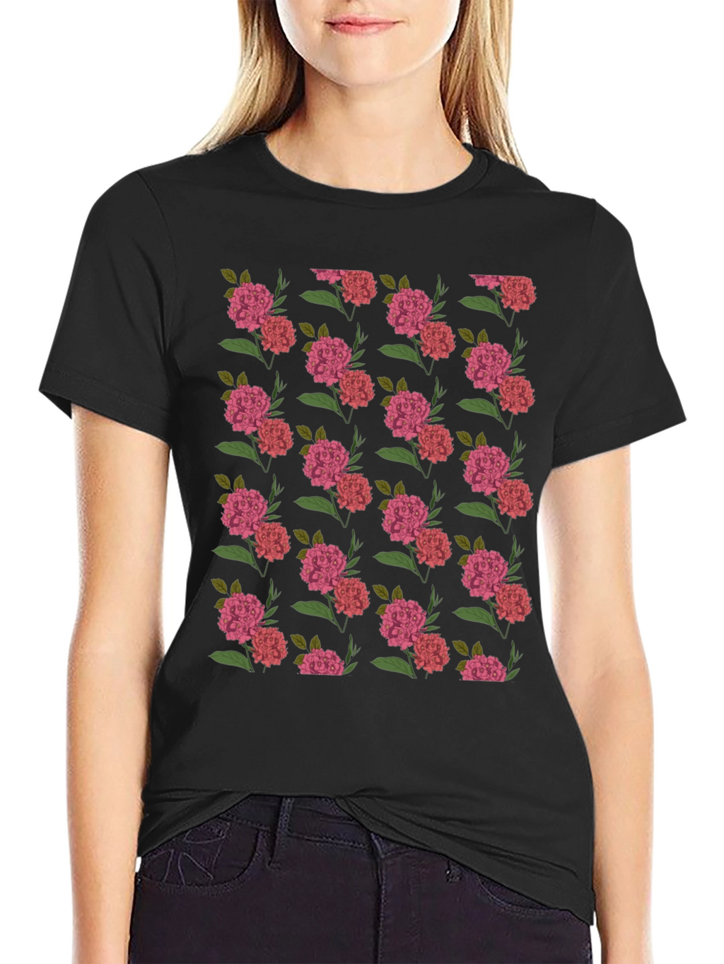 Floral Print Black Crew Neck T-Shirt