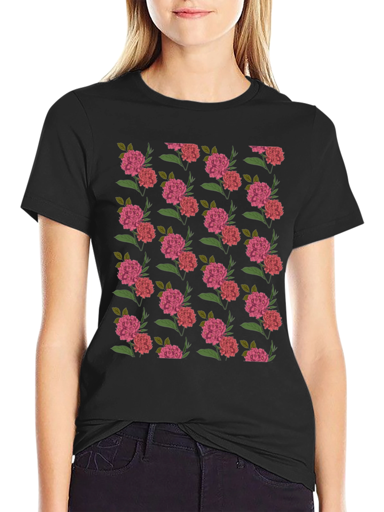 Floral Print Black Crew Neck T-Shirt