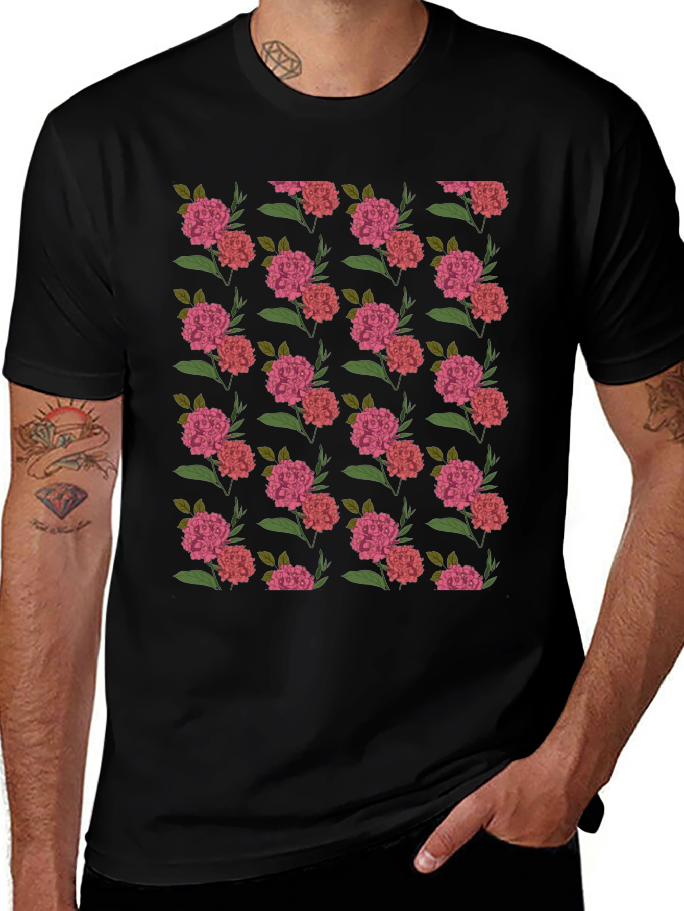 Floral Print Black Crew Neck T-Shirt