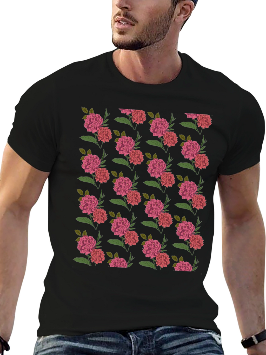 Floral Print Black Crew Neck T-Shirt