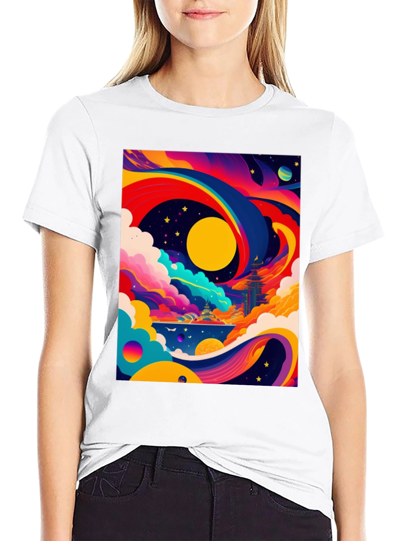 Vibrant Celestial Graphic Tee - Artistic Dreamscape