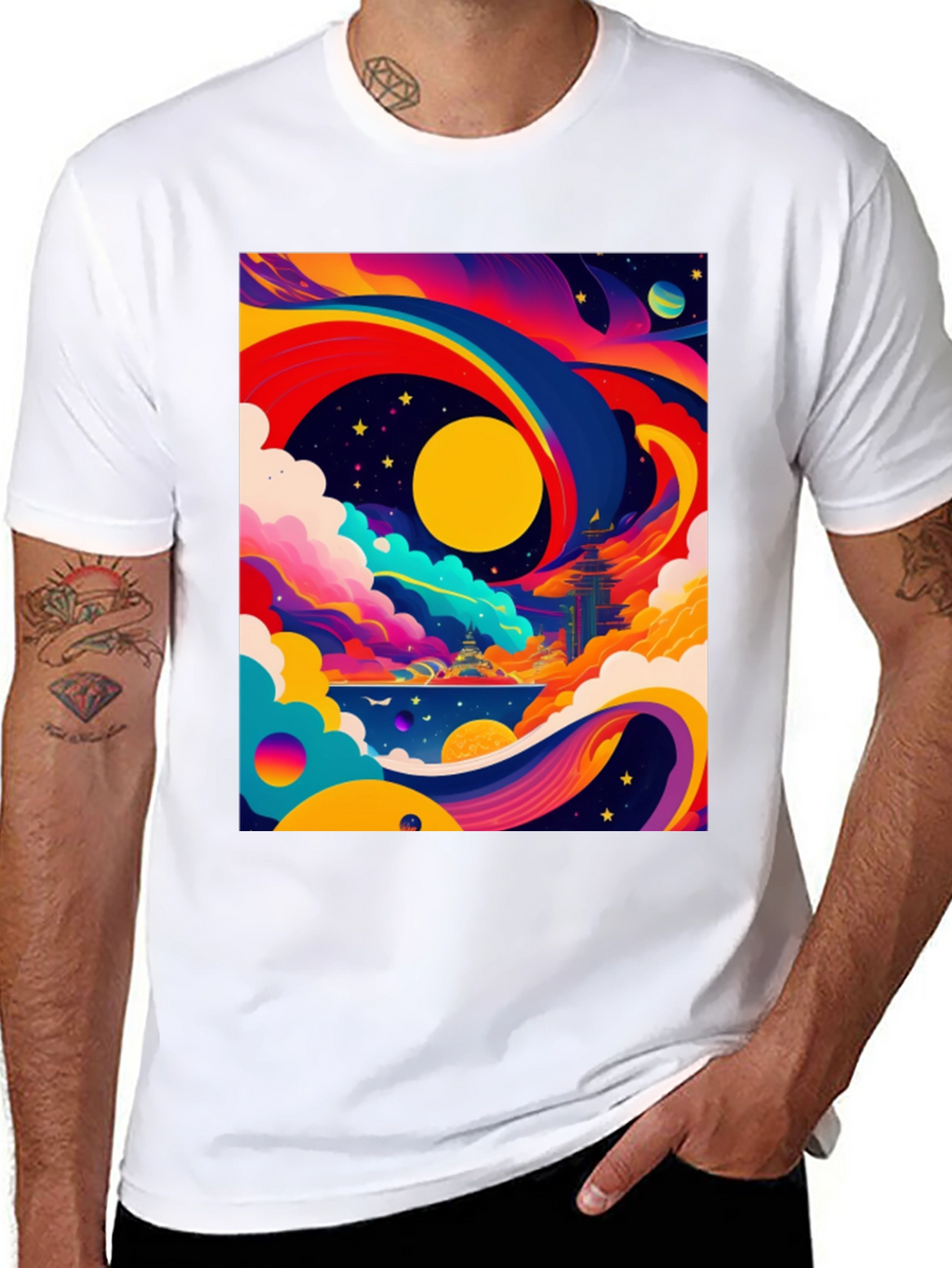 Vibrant Celestial Graphic Tee - Artistic Dreamscape
