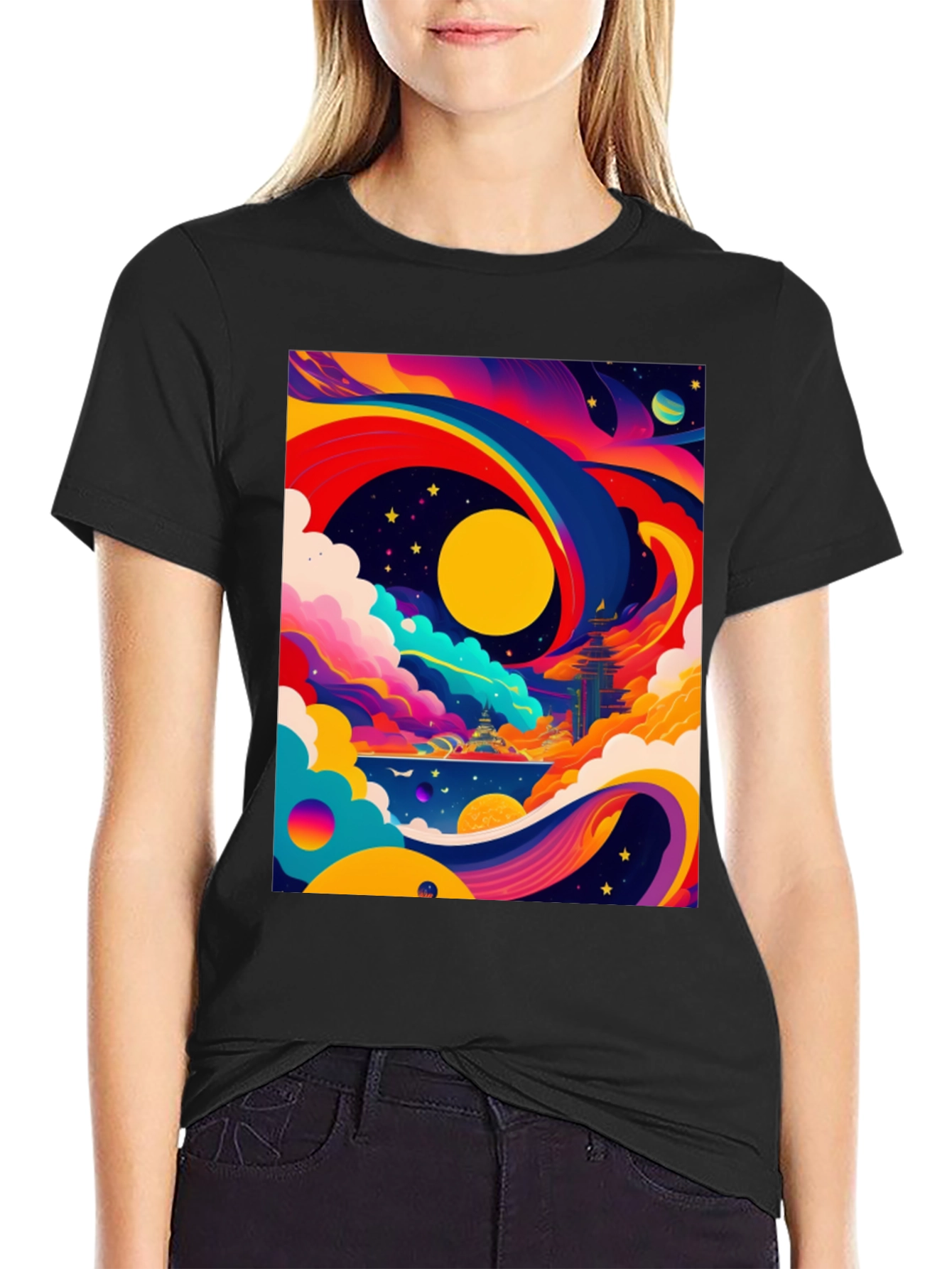 Vibrant Celestial Graphic Tee - Artistic Dreamscape