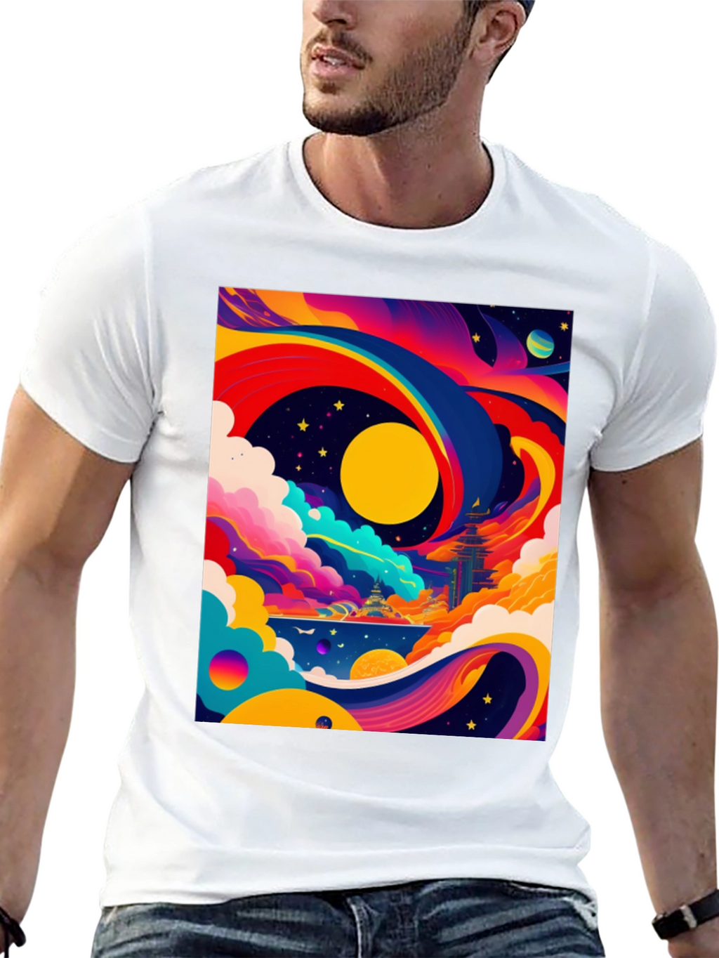 Vibrant Celestial Graphic Tee - Artistic Dreamscape
