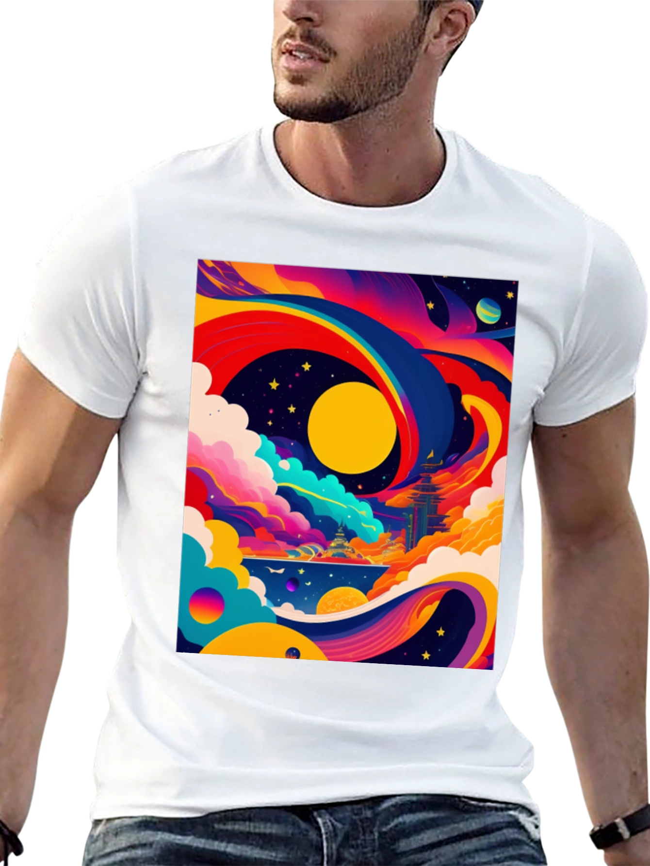 Vibrant Celestial Graphic Tee - Artistic Dreamscape