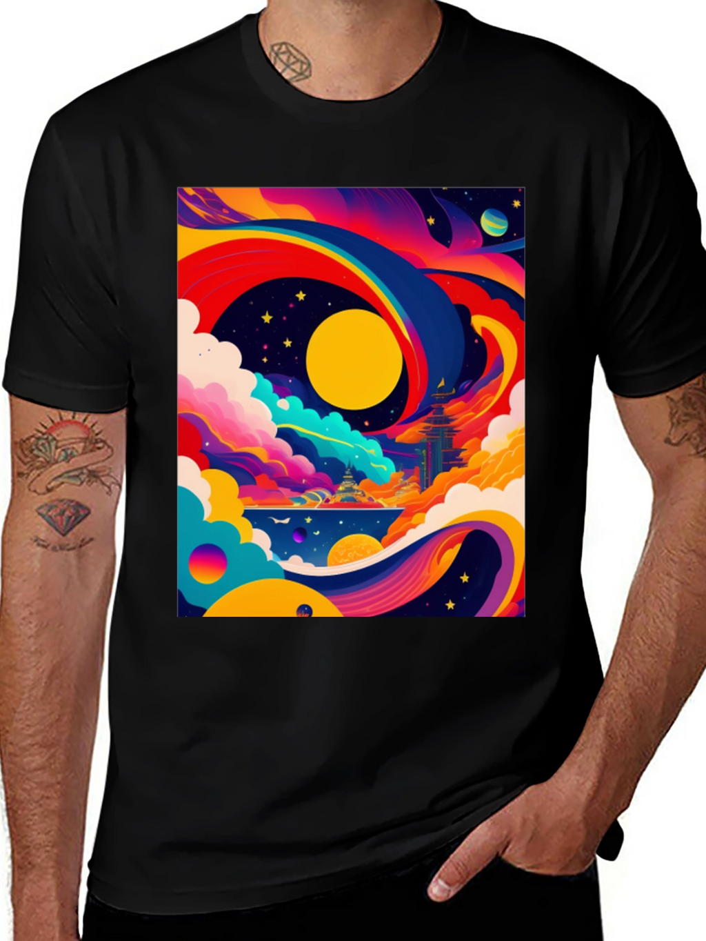 Vibrant Celestial Graphic Tee - Artistic Dreamscape