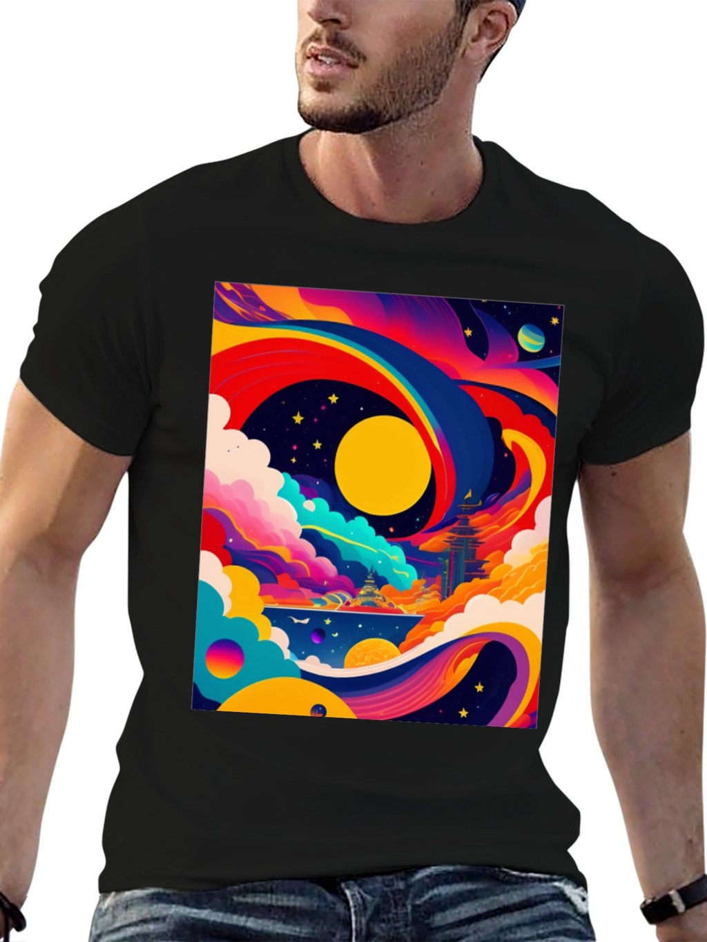 Vibrant Celestial Graphic Tee - Artistic Dreamscape