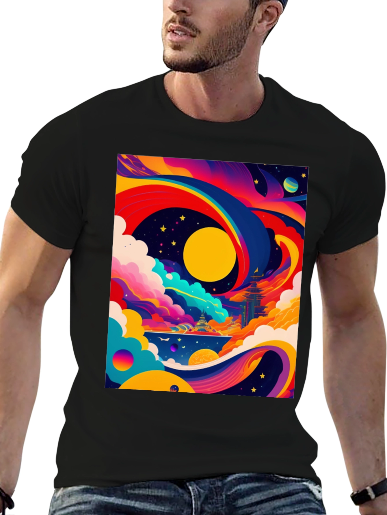 Vibrant Celestial Graphic Tee - Artistic Dreamscape