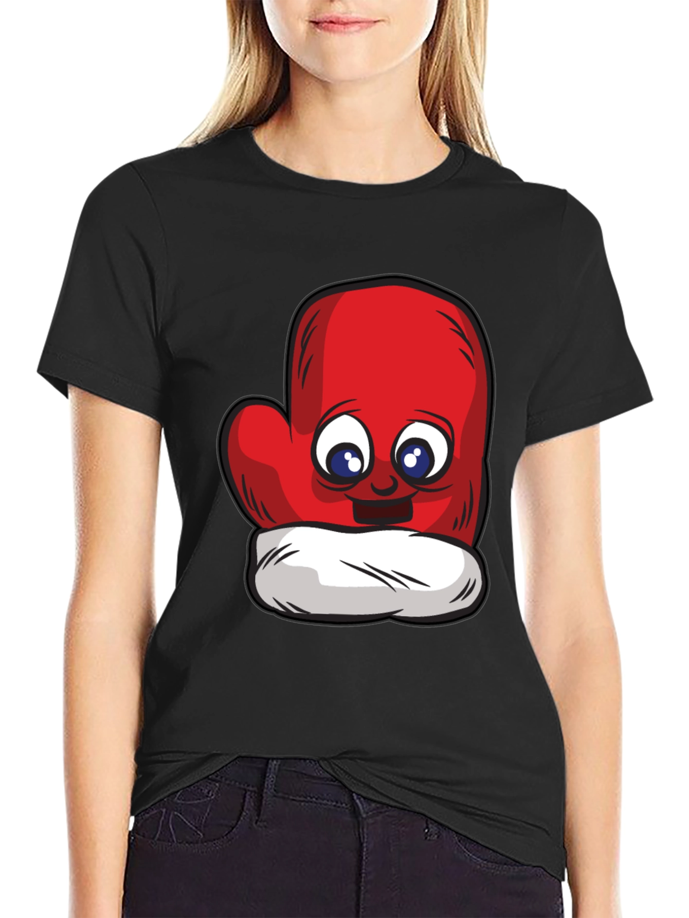 Cute Mitten Cartoon Graphic Black T-Shirt