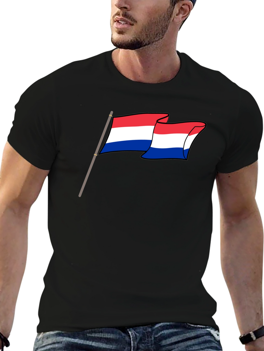 Netherlands Flag Graphic Tee - Black Cotton Shirt