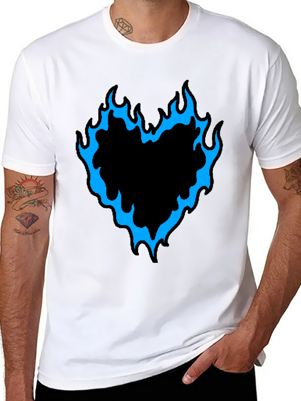 Mens Black T-Shirt with Flaming Heart Graphic