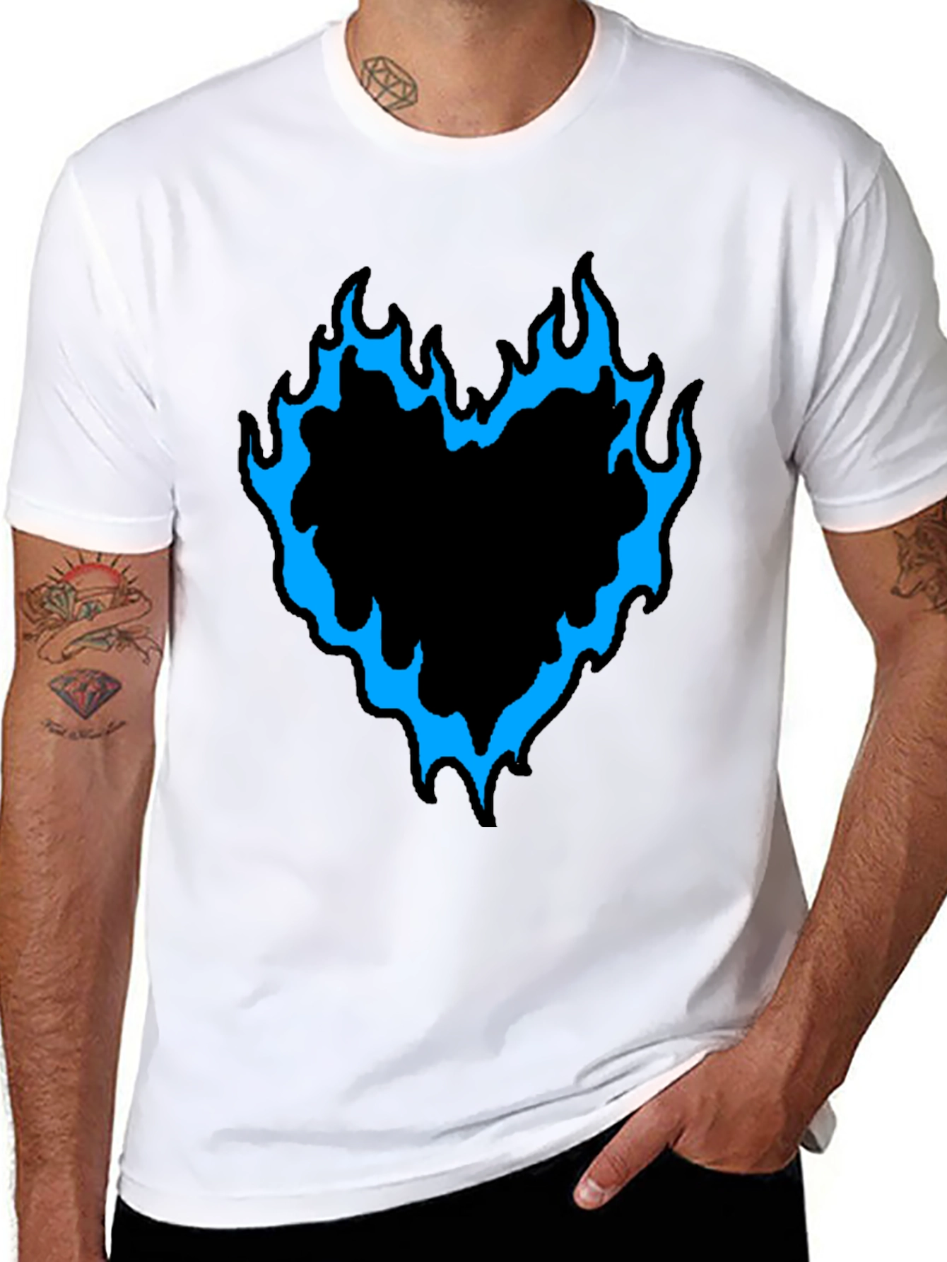 Mens Black T-Shirt with Flaming Heart Graphic
