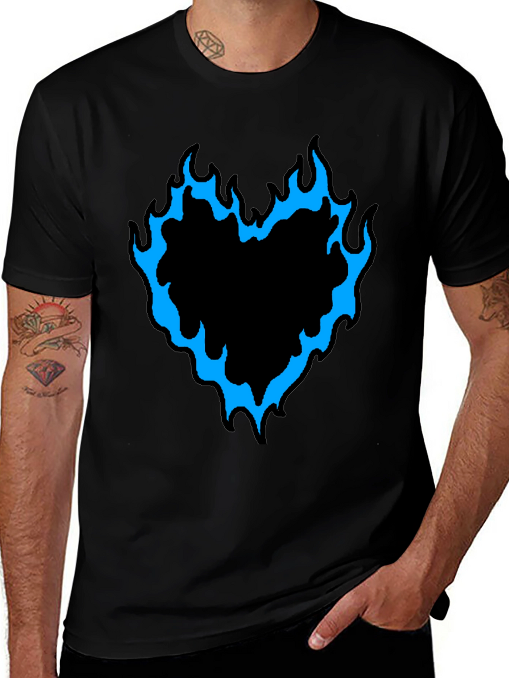 Mens Black T-Shirt with Flaming Heart Graphic