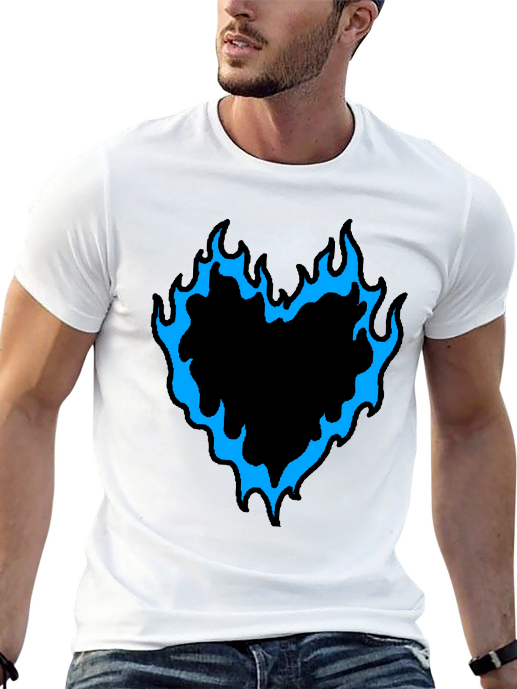 Mens Black T-Shirt with Flaming Heart Graphic