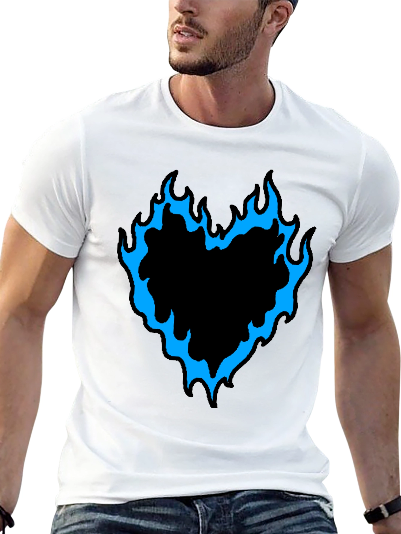 Mens Black T-Shirt with Flaming Heart Graphic