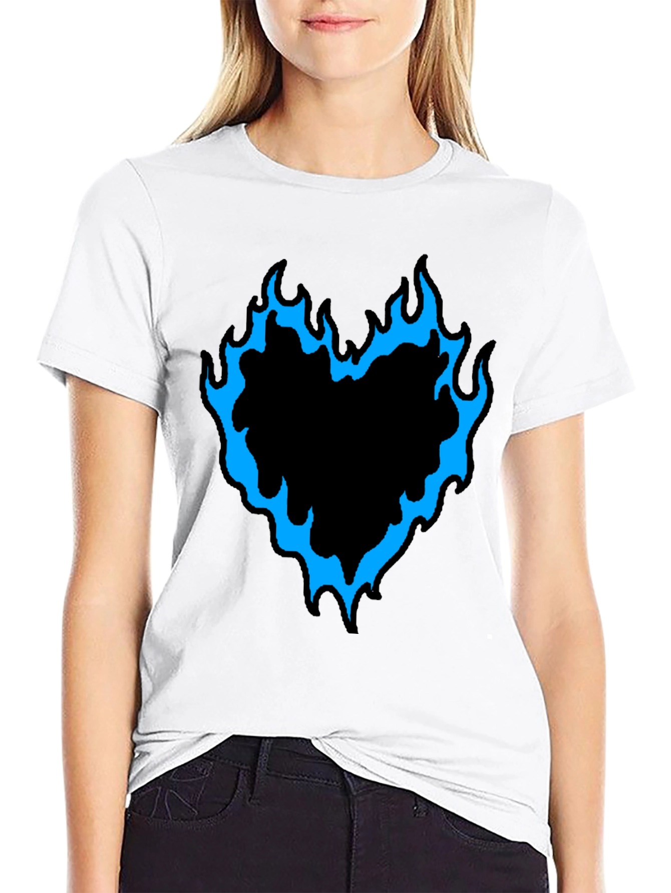 Mens Black T-Shirt with Flaming Heart Graphic