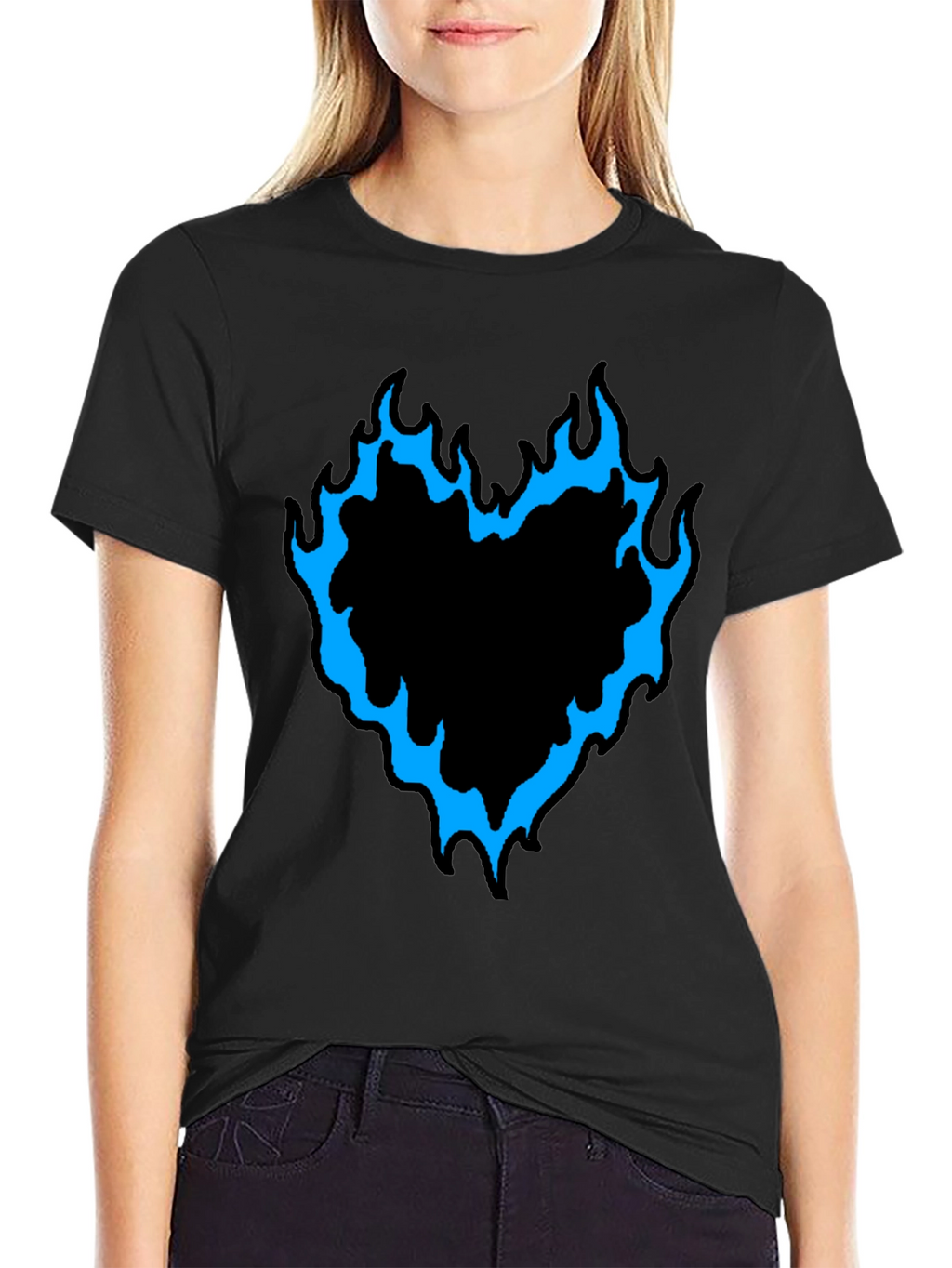 Mens Black T-Shirt with Flaming Heart Graphic