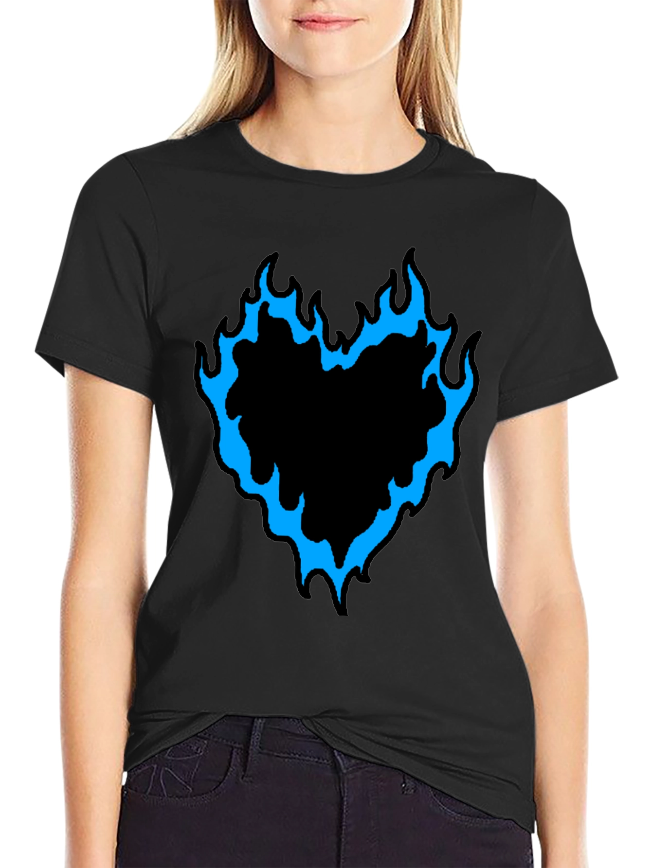 Mens Black T-Shirt with Flaming Heart Graphic