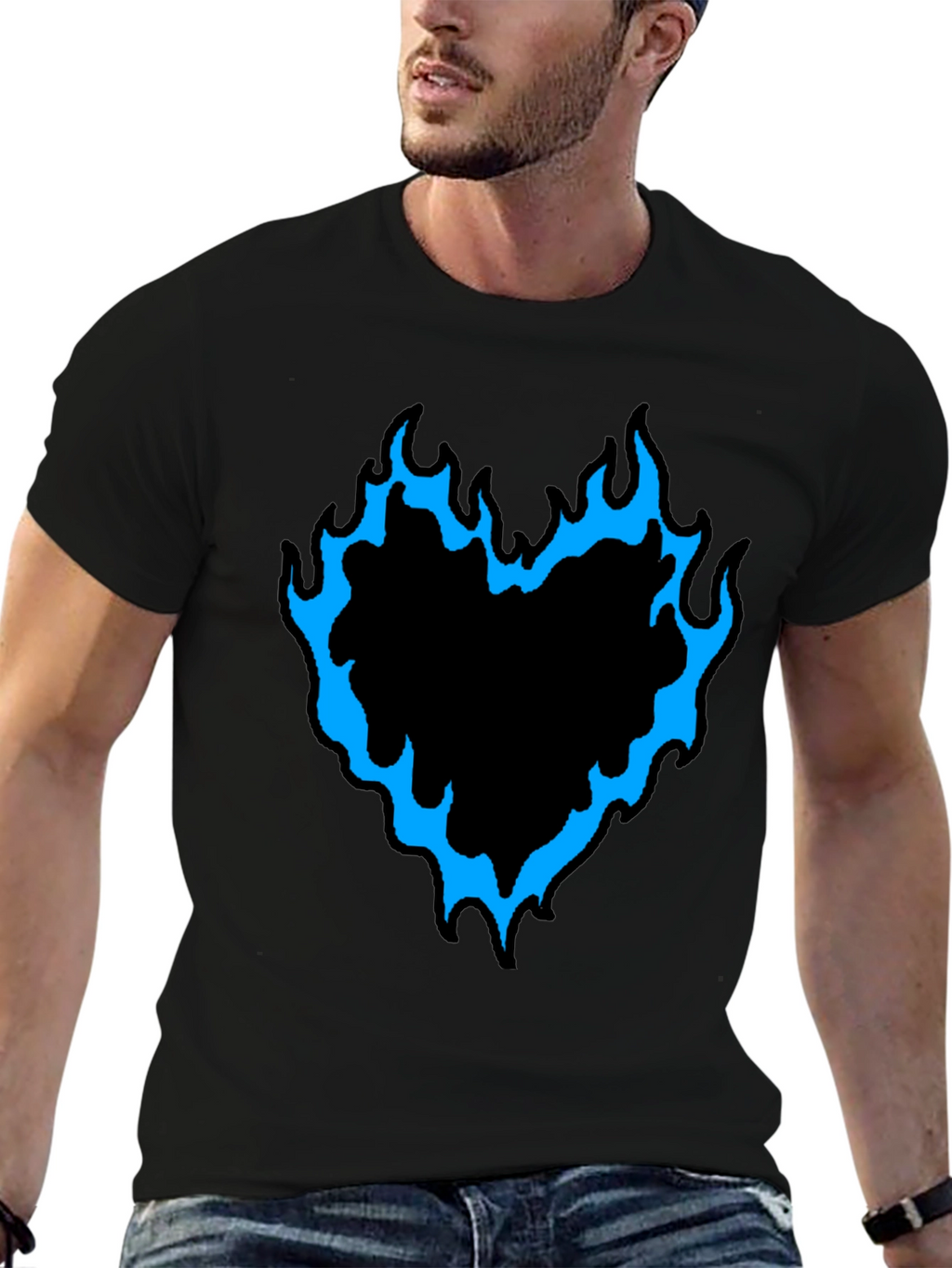 Mens Black T-Shirt with Flaming Heart Graphic