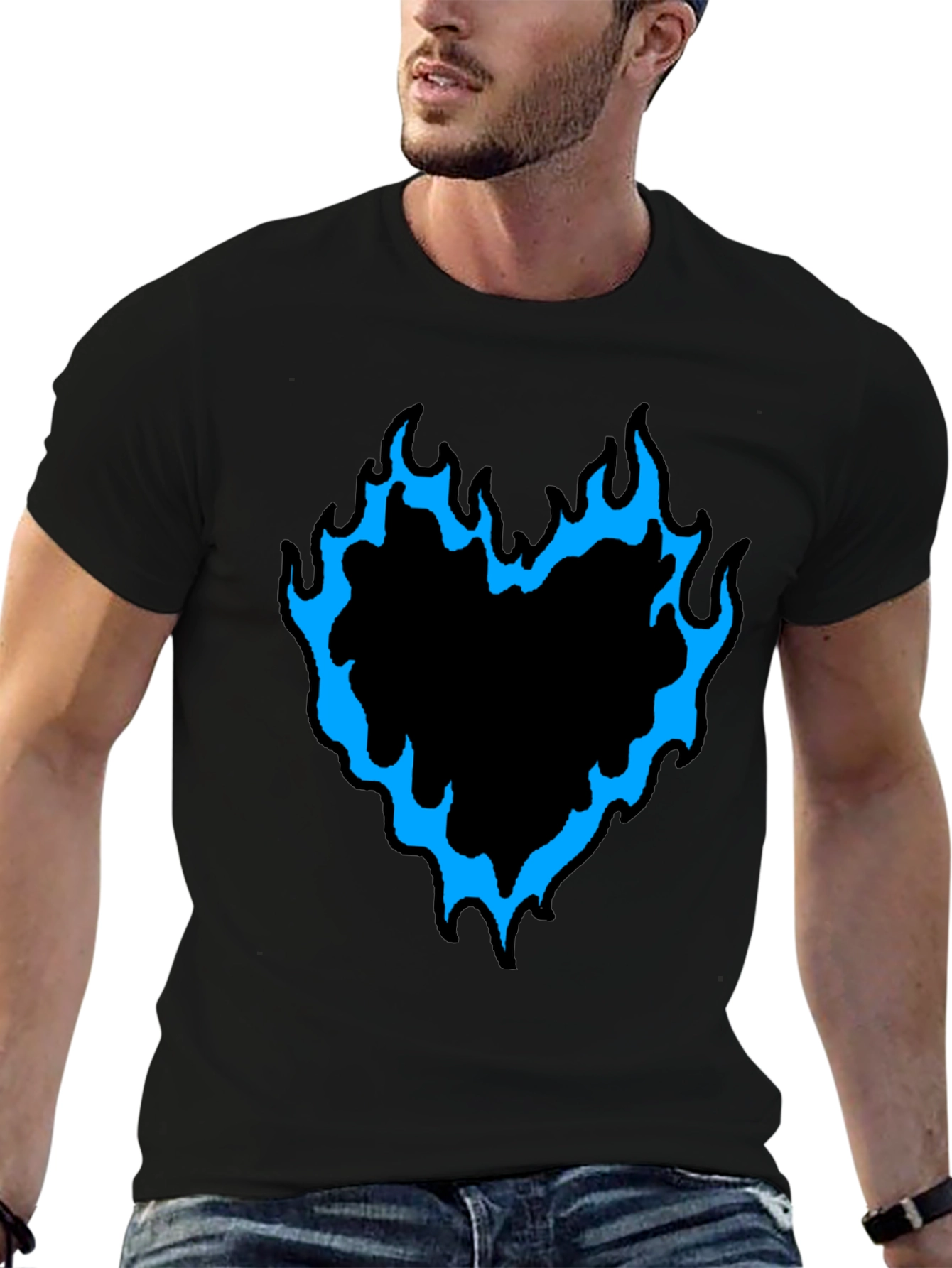 Mens Black T-Shirt with Flaming Heart Graphic