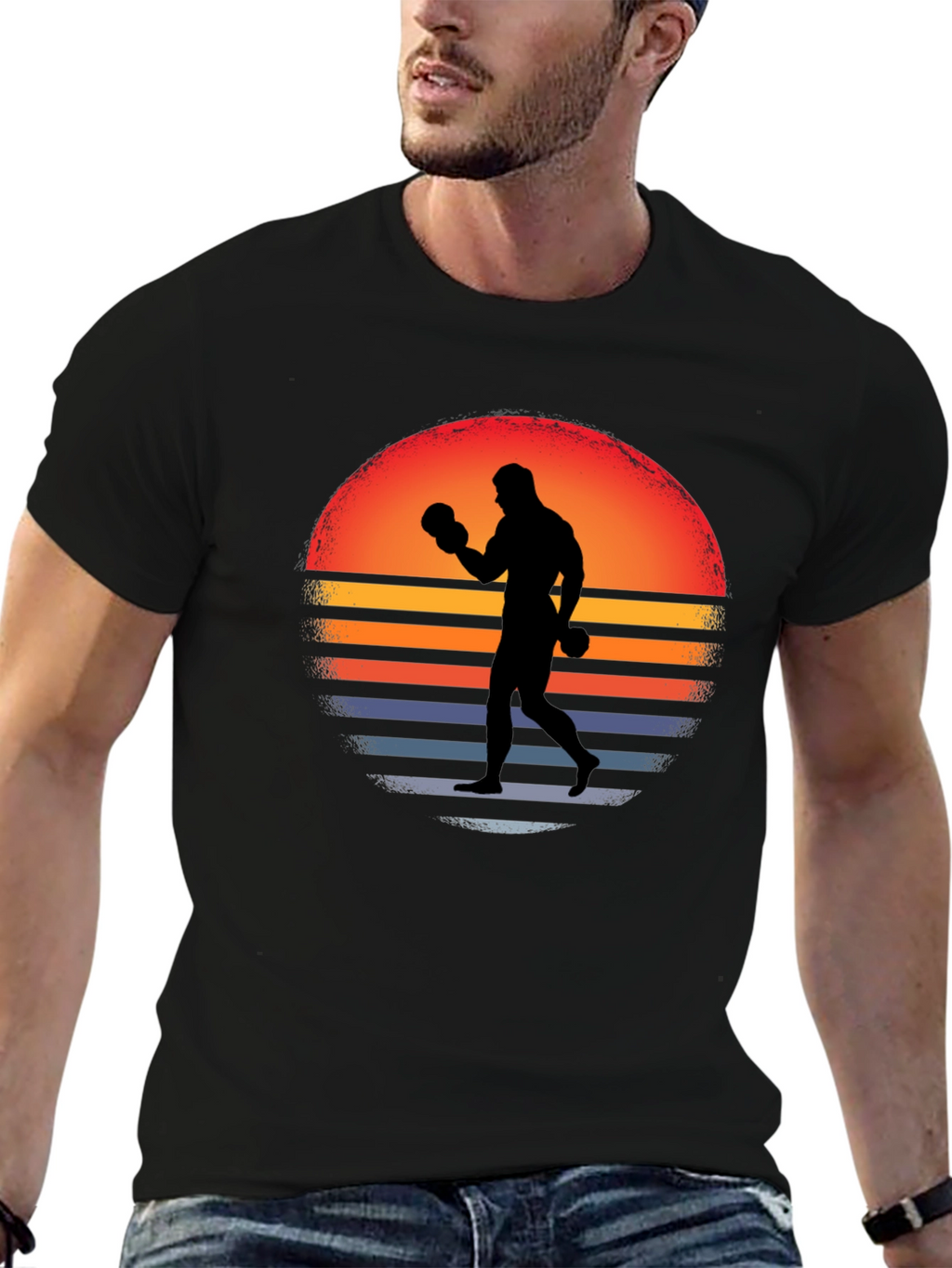 Retro Boxer T-Shirt - Sunset Silhouette Graphic Tee
