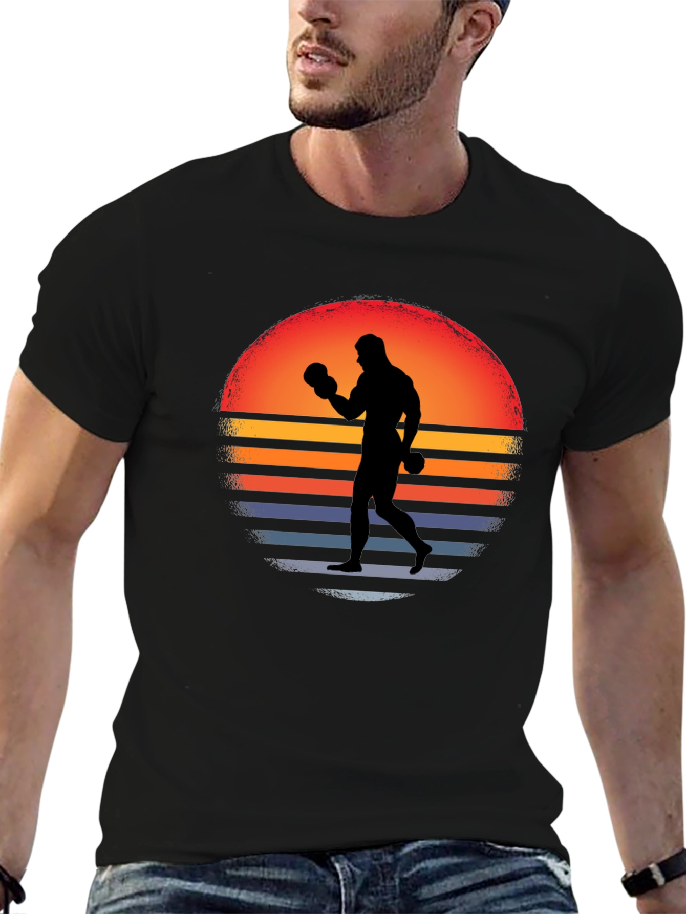 Retro Boxer T-Shirt - Sunset Silhouette Graphic Tee