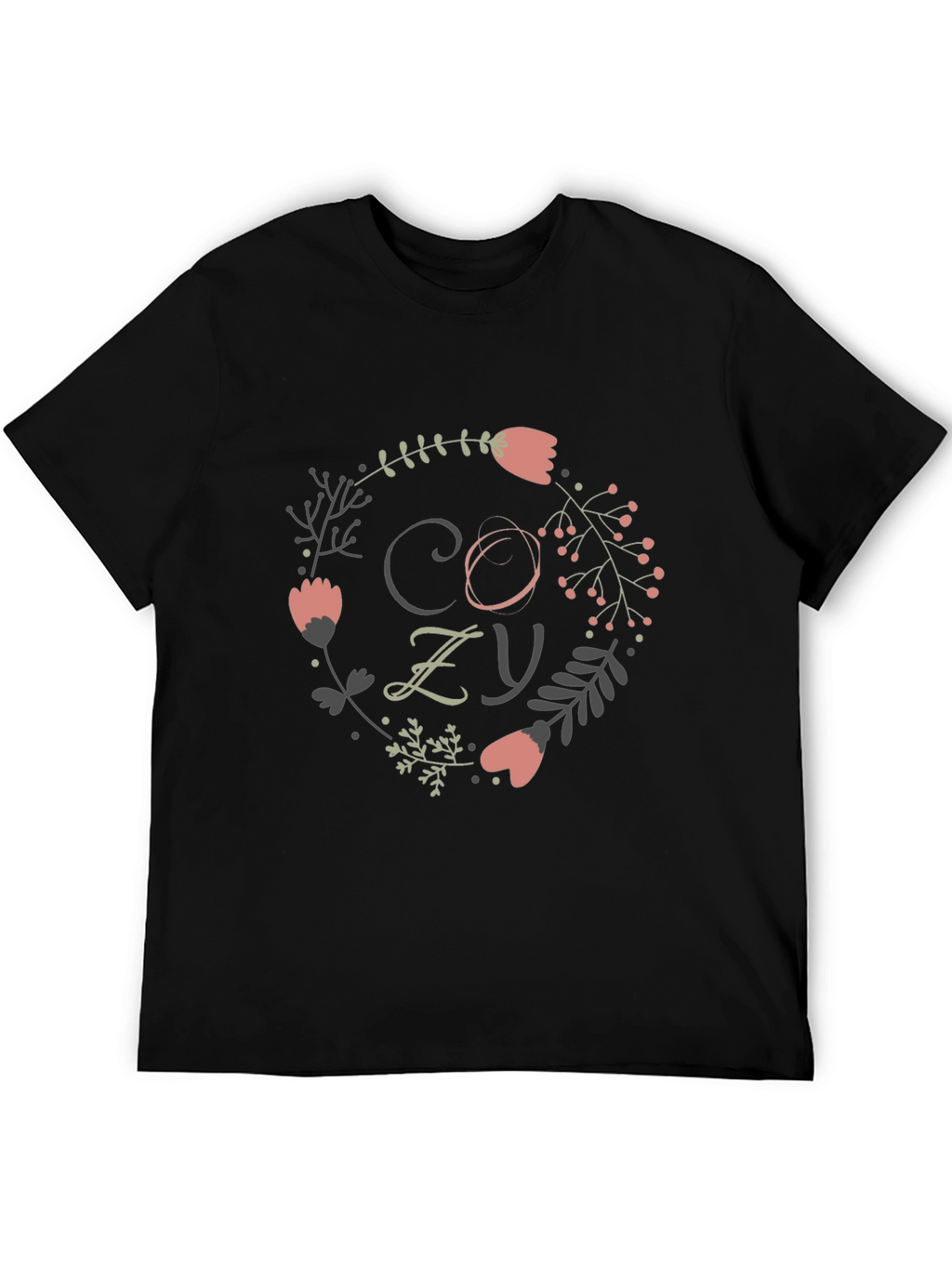 Cozy Floral Wreath Graphic Tee - Black